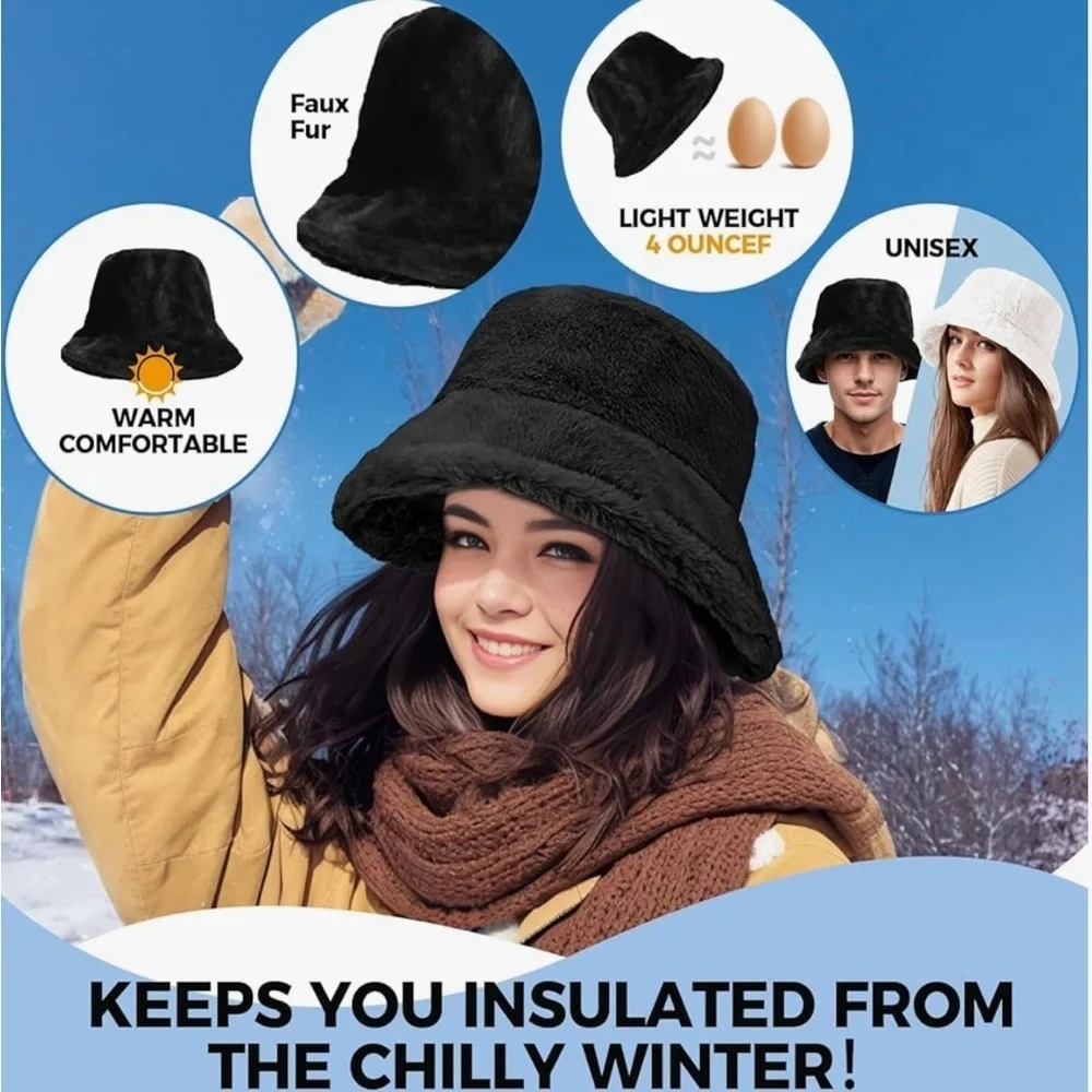 Faux Fur Furry Bucket Hat Winter Warm Unisex Adjustable Lightweight Black